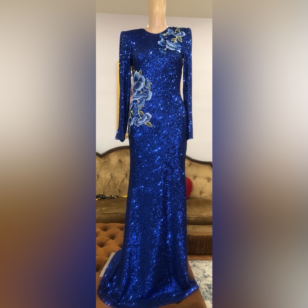 Naeem Khan Blue Sequin flower embroidered Embellished long sleeve gown